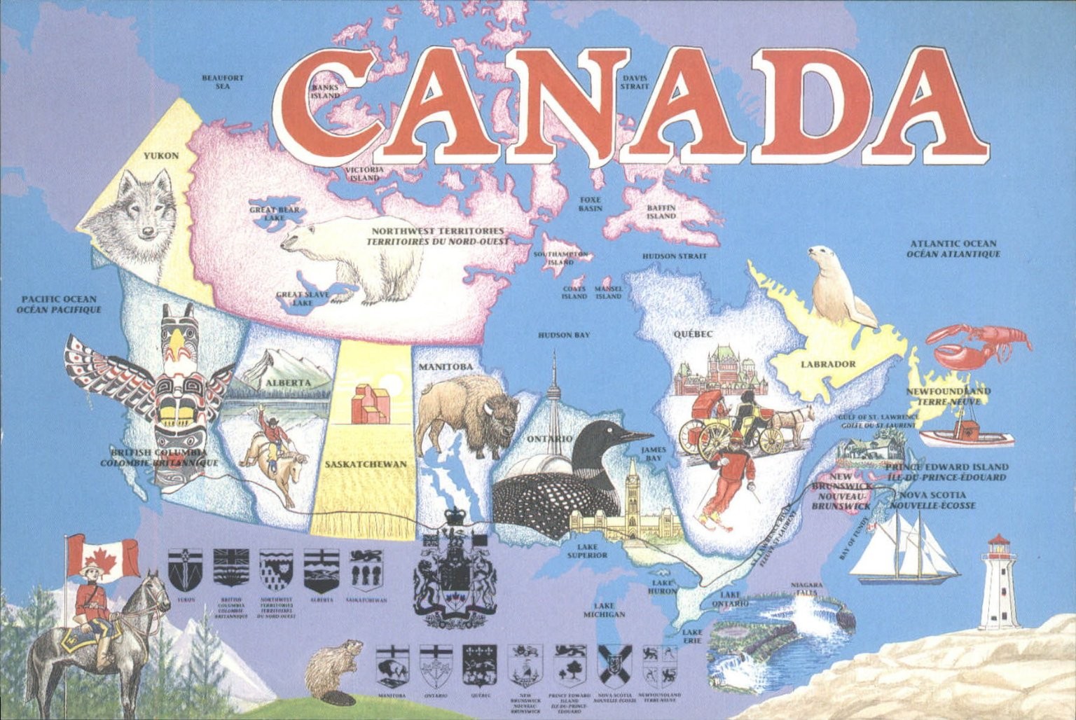 Vintage Canada Illustrated Map Postcard Debbie Groulx Provinces Wildlife