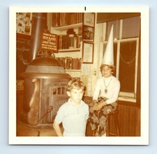 Old Vintage Square Color Photo BOYS DUO DUNCE CAP CAST IRON STOVE SNAPSHOT PIC