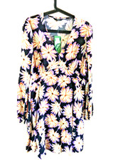 NWT Size16 George Summer dress Black+Floral long sleeve V neck lightweight
