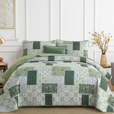 Patchwork Quilt Set King Size 3 Pieces Plaid Floral Bedspread Coverlet Set Gr...