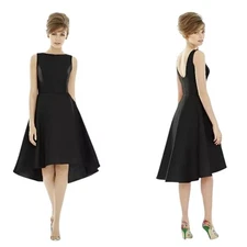 NWT Alfred Sung Bateau Neck Satin High Low Cocktail Dress in Black Size 16