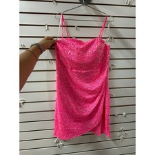 Crystal Doll Hot Pink Sequin Ruched Spaghetti Strap Mini Bodycon Dress Size XL