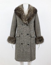 1970s Aquascutum Gray Herringbone Fur Trim Overcoat READ DESCRIPTION