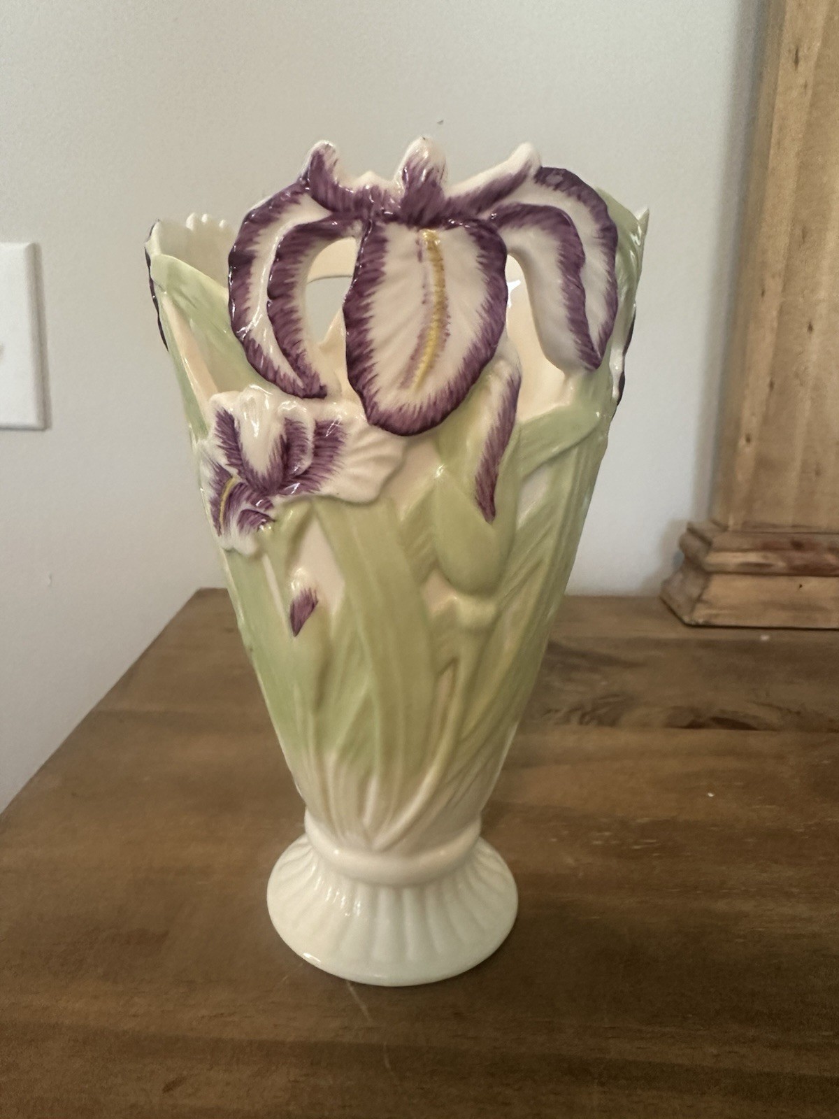 Vintage Purple Iris Ceramic Cut Out Vase 8”T