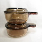 Lot of 2 Corning Pyrex Visions Amber Glass Grab It Bowl w Lid 150