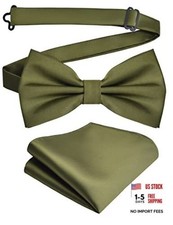 Branduce Mens Solid Color Double Fold Pre-tied Bow Tie and Pocket Olive Green
