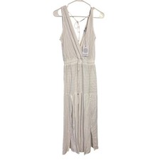 Blue Island Beach Stripe Smocked V-Neck Maxi Dress Bohemian coastal sundress