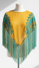 Mustard Yellow Teal Beaded Fringe Poncho Cape Shawl Boho Evening Wrap