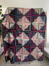 Antique Log Cabin Quilt 72x80 Hand Pieced Hand Quilted Wool Cotton