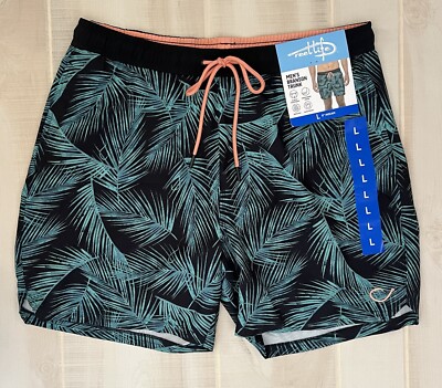 Reel Life Hooked on Palms AOP Branson 6  Inseam Swim Trunks Shorts Sz L Green