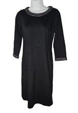 Talbots Women's Dress Size 2P Petite Black 3/4 Sleeve Shift Tweed Trim Career