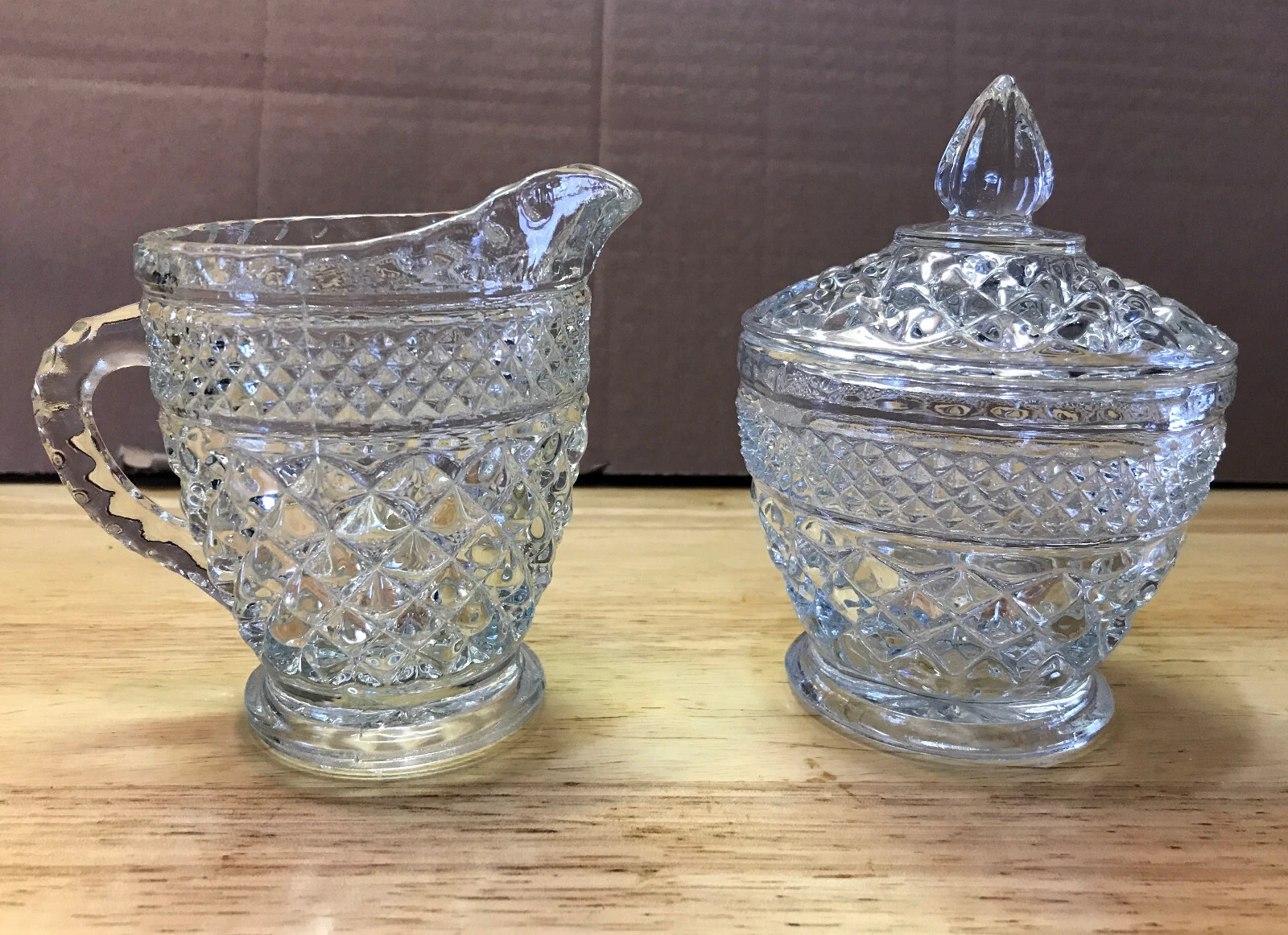 Anchor Hocking Diamond Wexford Pattern Clear Glass Sugar Creamer Set w Lid VTG