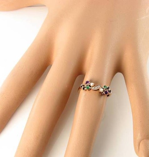 SUFFRAGETTE 9K 9CT ROSE GOLD AMETHYST EMERALD PEARL DIAMOND ART DECO INS RING - Picture 4 of 5