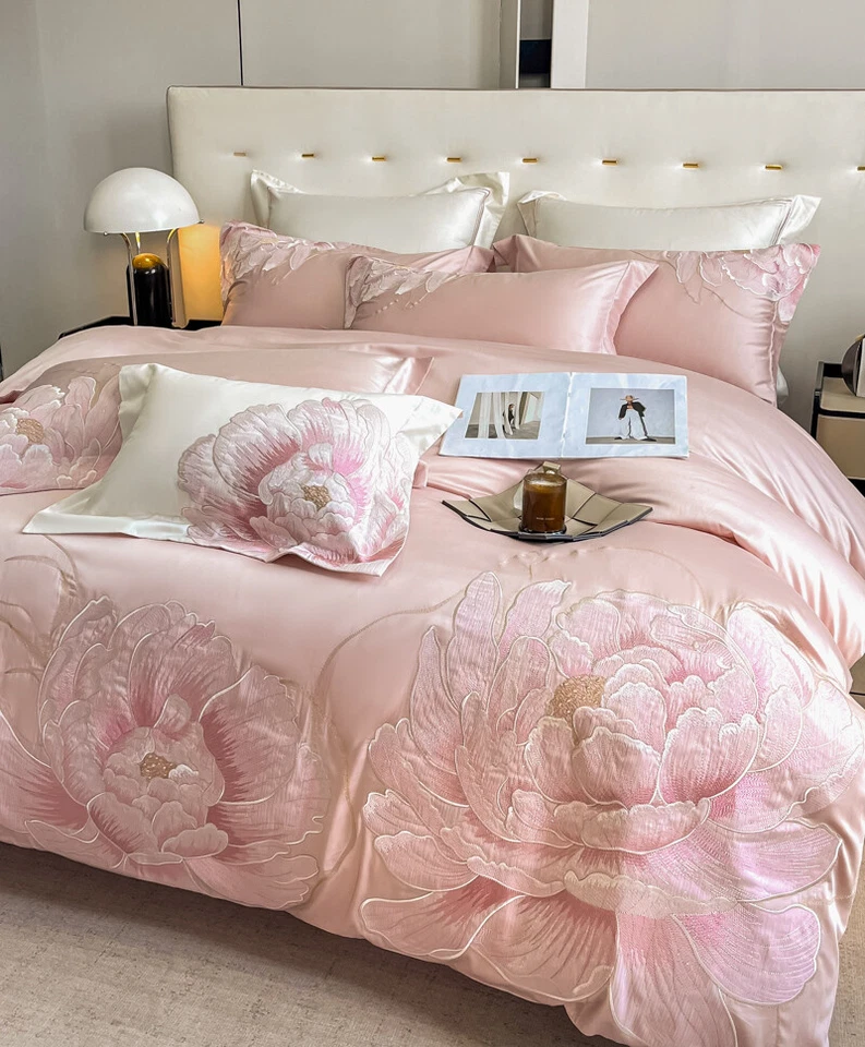 Juego de cama de algodón puro 4 piezas funda de edredón sábana plana 2 fundas de almohada juego de bordado Foto 3 de 4