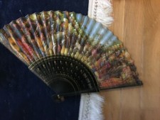 Vintage Lacquered Wooden Frame Spanish Folding Hand Fan w/ Festival Scene Print