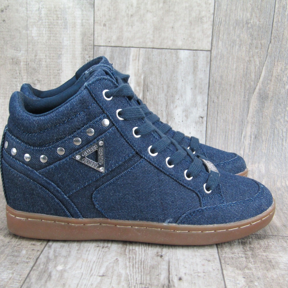 Guess Sneaker Womens Hitop Size Blue Denim Shoe Logo