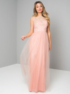 CHI CHI London Tall Maxikleid Blumen bestickt ärmellos 14 Vintage Rose/Gold