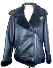Mark Alan Women's Size L Black Faux Leather Plush Fur Lined Moto Zip Up Jacket
