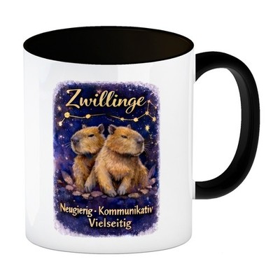 Zwilling Sternzeichen Cabybara Kaffeebecher in schwarz für Astrologie Fans