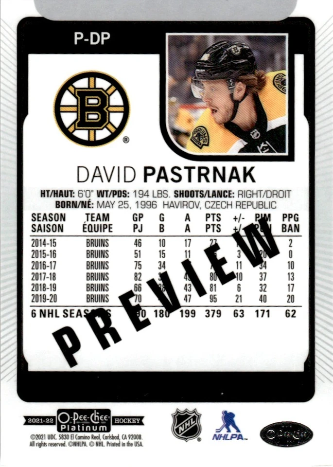 2021-22 O-Pee-Chee OPC Platinum Preview David Pastrnak Boston Bruins #P-DP - Image 2 of 2