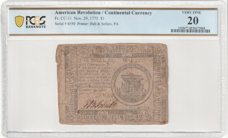 $1 American Revolution Continental Currency Fr. CC-11 Nov. 29, 1775 PCGS VF 20 - Image 3 of 4