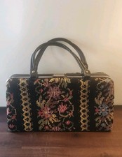 Vintage Floral Carpet Bag Purse Pink Blue Black Gold Frame Top Handle