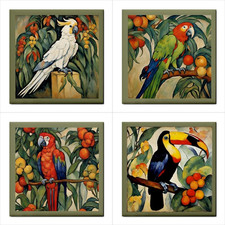 Parrots Ceramic Tile Set Of 4 Decorative Backsplash Tiles Macaw Toucan Cockatoo