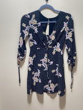 Topshop Petite Black Floral Polka Dot Mini Dress UK 4 Ruched  Vintage Look