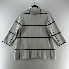 TAHARI Sweater Size M Windowpane Grid Mock Neck Cuffed 3/4 Sleeve Pullover White