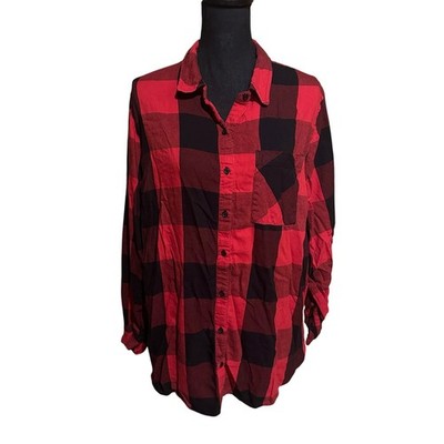 Evri Red and Black Buffalo Check Button Front Flannel Shirt Women's Plus 2X
