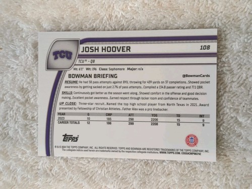 2024 Bowman Chrome U 1st Josh Hoover /125 Fuchsia Mini Diamond Refractor #108 - Picture 2 of 2