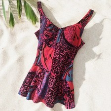 Vintage 70s Sirena California Swim Bathing Suit 1 Piece Skirted Colorful 12-14