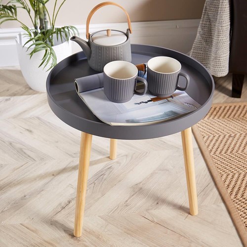 Mesa auxiliar redonda con detalles café muebles de salón modernos borde labio gris - Imagen 2 de 5