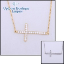 925 Sterling Silver Sideways Cross Cubic Zirconia Pendant Necklace FJ