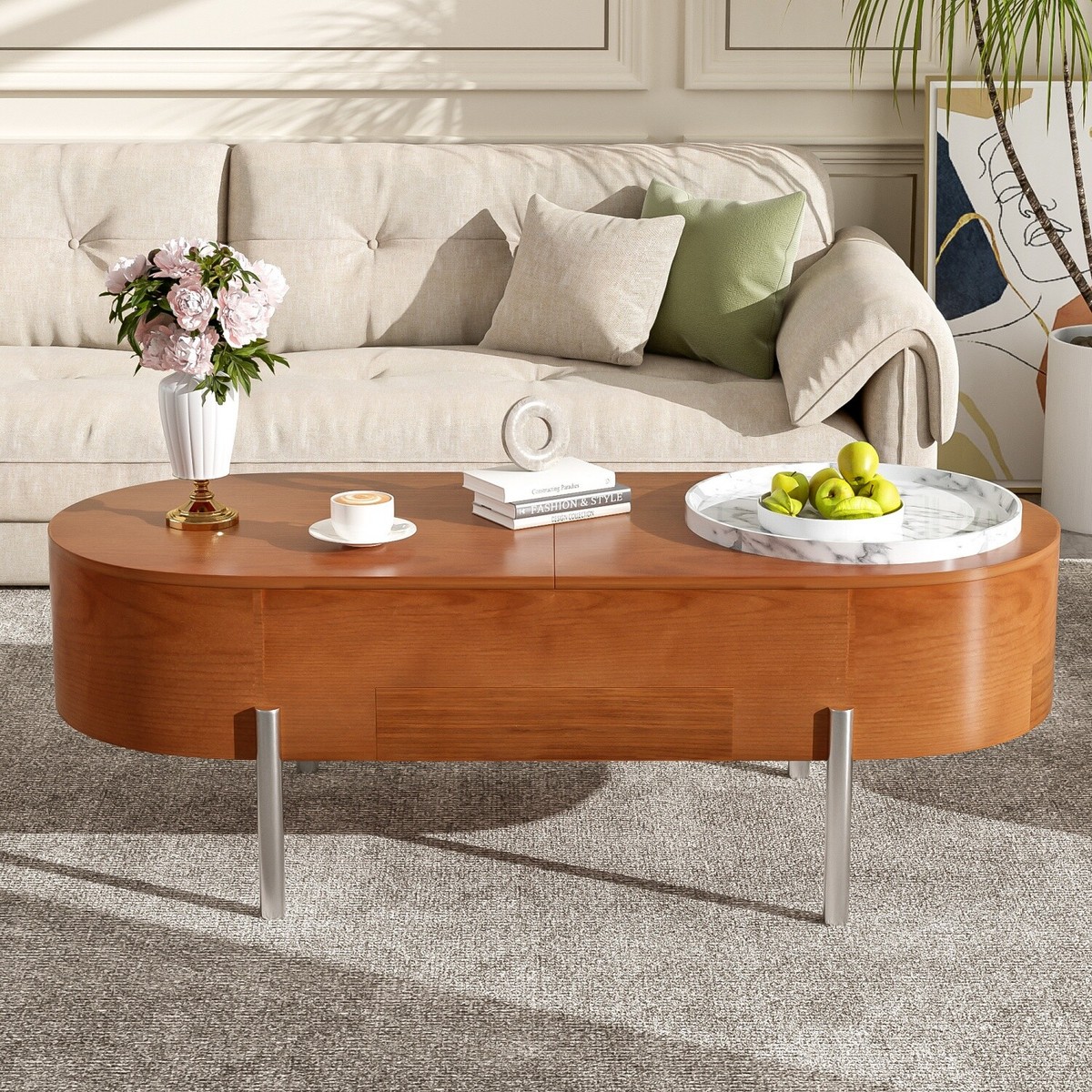 Lift Top Coffee Table Oval Center Cocktail Table with Rotating