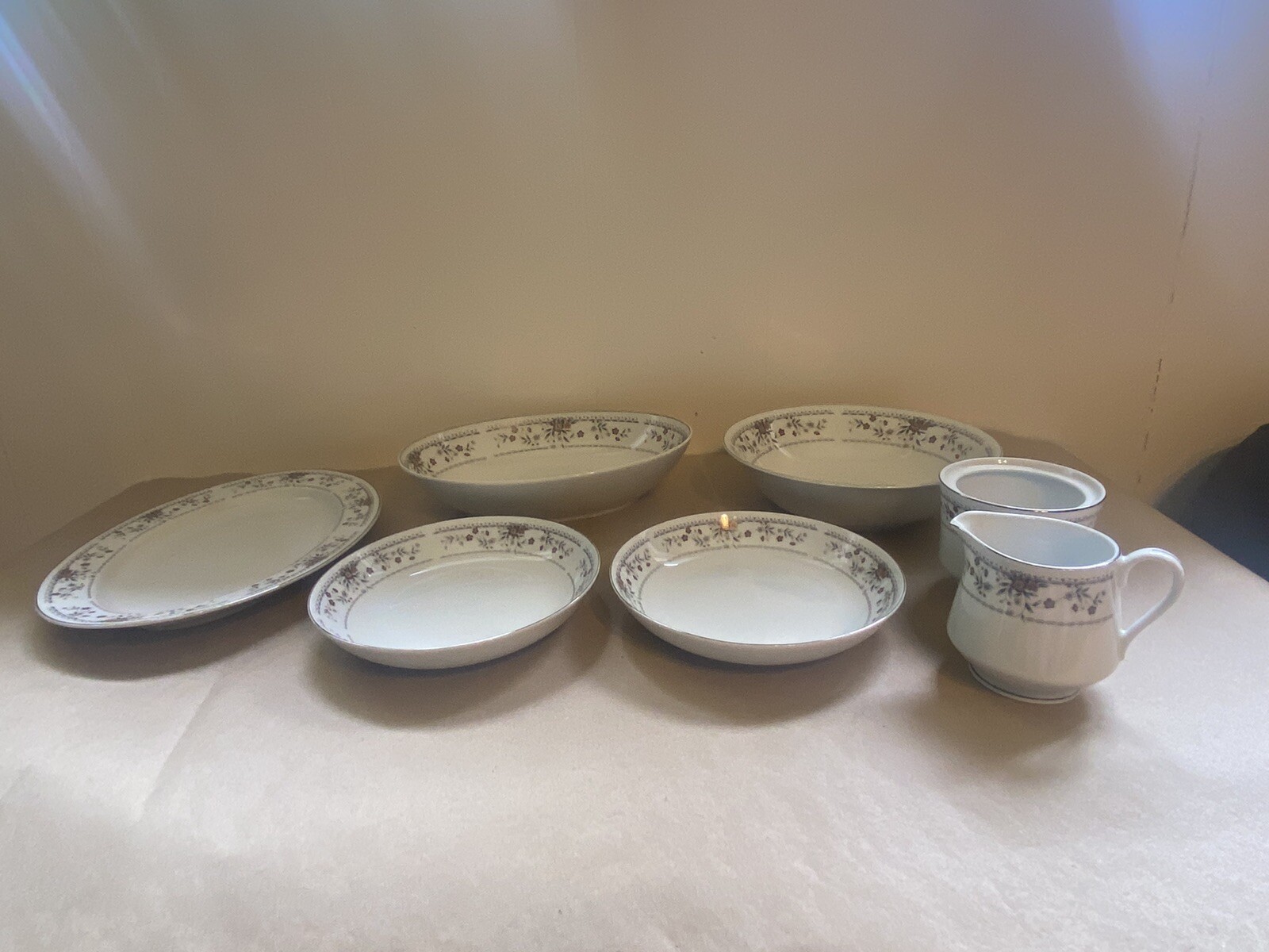 7 pc CLAREMONT Fine Porcelain China Japan Serving Platter Bowls Sugar