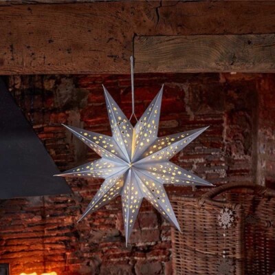 Weihnachten festlich 20 kaltweiße LED leuchtende Origami Pappe silber Stern 50cm