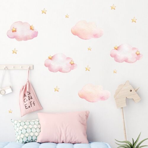 Sweet Pink Clouds Wall Stickers Stars Kids Girl Nursery Bedroom Decor Wall Decal - Picture 1 of 6