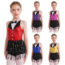 UK Kids Girls Latin Jazz Dance Costume Tassel Modern Dance Leotard Jumpsuit
