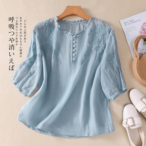 Cotton Linen Loose Embroidery Flower V-neck Shirt Top Women Retro Blouses Ethnic - Picture 26 of 27
