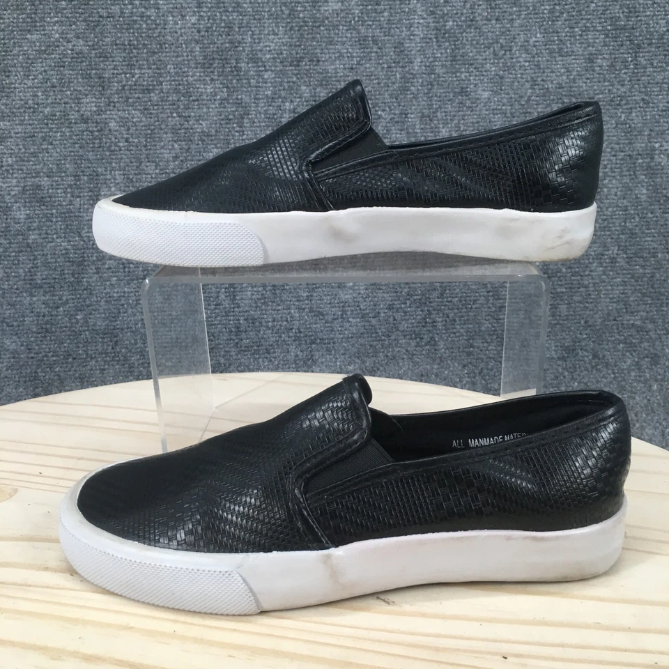 Zapatos restringidos para mujer 6 zapatillas sin cordones negras imitación cuero informales tejidos planos Foto 2 de 4