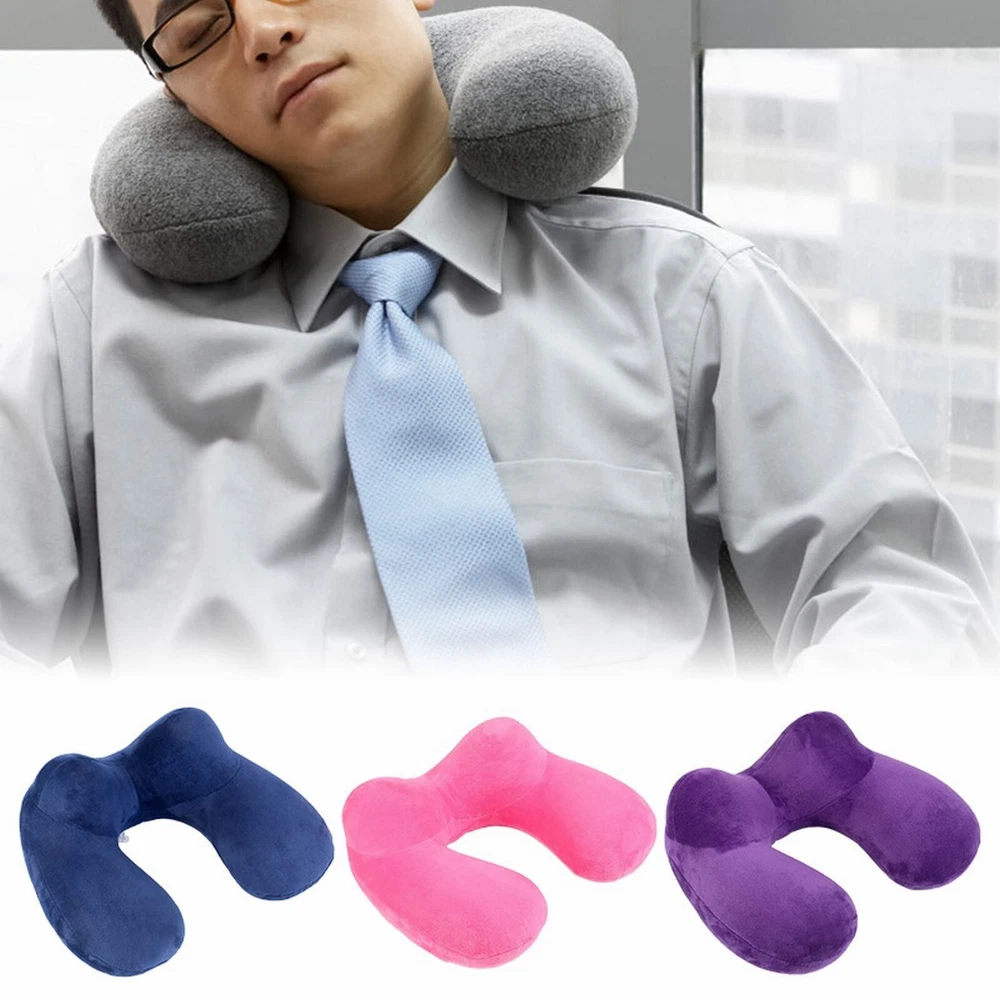 Soft U-Shaped Inflatable Travel Neck Pillow for Airplanes and Cars