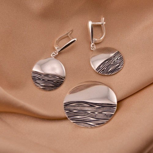 Sterling Silver 925 Round Earrings Pendant Set Ocean Sea Nature Inspired Jewelry - Picture 4 of 8