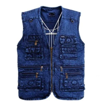 New Men's Multi Pocket Denim Vest Casual sleeveless jacket jeans coat Loose gift - Image 1 of 4