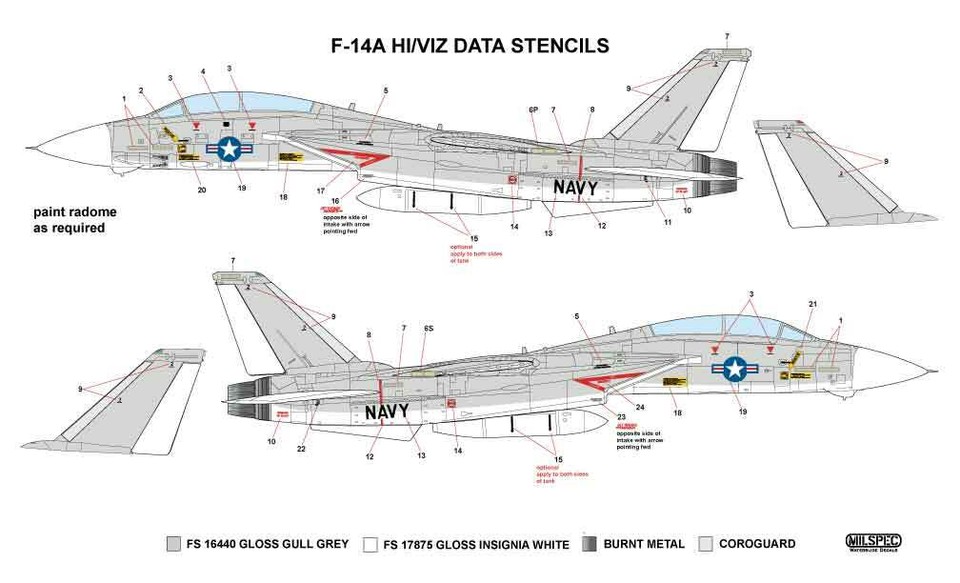 MILSPEC MS 48-009 1/48 Scale Decals – F-14B VF-143 "Pukin' Dogs" – Waterslide CAM Decals