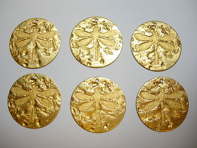 Textured Raw Brass Dragonfly Drops 22mm Earring Findings Discs - 6