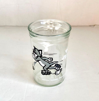Vintage 1990 Glass Jar Tom And Jerry Cat Roller Skating Skates Welch's Mug Decor