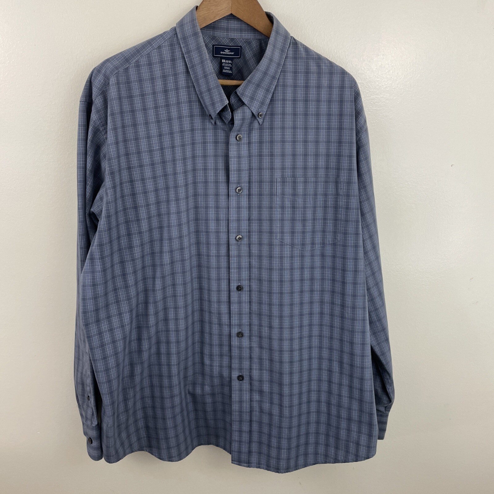 DOCKERS Shirt Mens 2XL XXL Grayish Blue Plaid Long Sleeve Button Down Classic