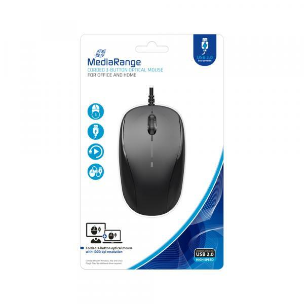 Mediarange Maus Optisch Mit Kabel 3 Tasten 1000 Dpi Schwarz MROS213-image