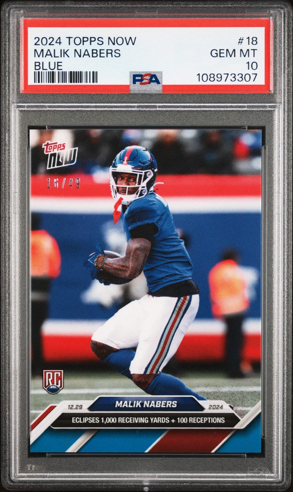 Graded 2024 Topps Now Malik Nabers #18 Blue /49 Rookie RC Football Card PSA 10
